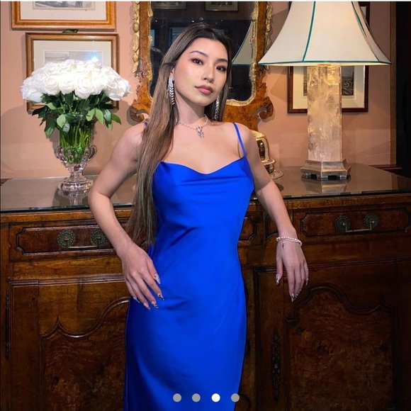 Express Conscious Edit Satin Cowl Neck Asymmetrical Hem Maxi Slip Dress - Picture 2 of 12